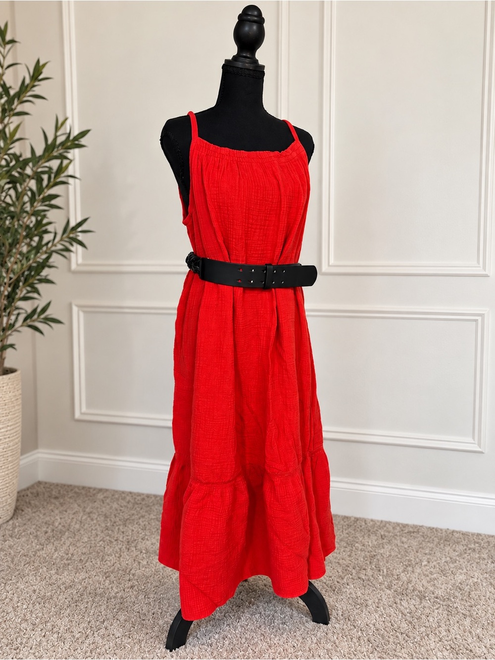 H&M Red Spaghetti-Strap Tiered Maxi Dress